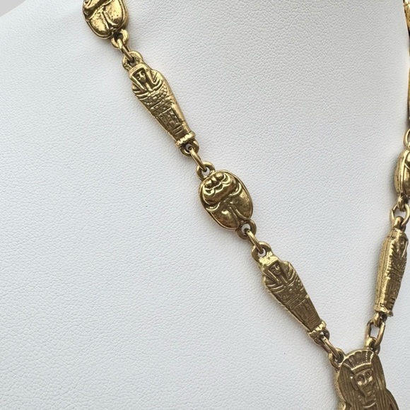 GOLDETTE Signed 1960s Egyptian Revival Pendant Necklace w/Agate Gemstone Tassels - Picture 11 of 15